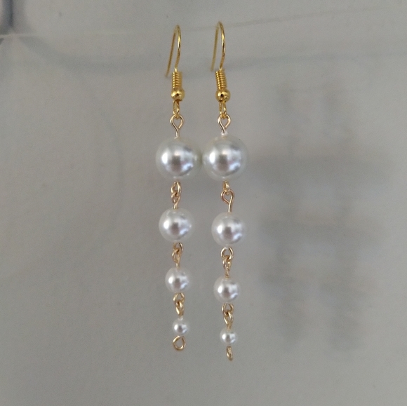 White Glass Faux Pearl Descending Four Tier Dangle Hook Linear Earrings Handmade - Picture 8 of 10